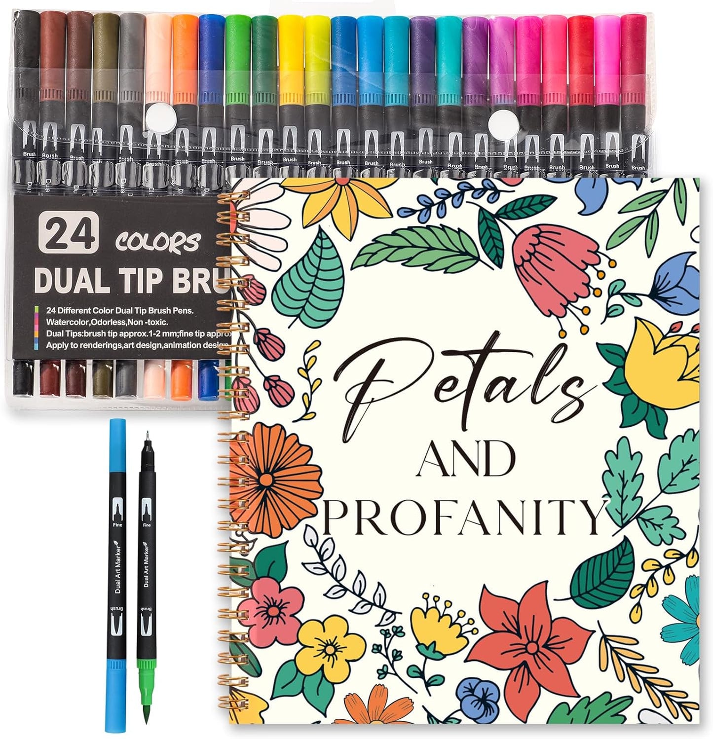 7×8.2in Adult Coloring Book Set for Relaxation, Spiral Bound Coloring Book for Women with 24 Colors Markers, Mindfulness Stress Relief 32 Patterns for Adults, Teens, Gift