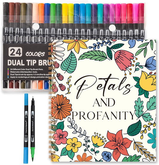 7×8.2in Adult Coloring Book Set for Relaxation, Spiral Bound Coloring Book for Women with 24 Colors Markers, Mindfulness Stress Relief 32 Patterns for Adults, Teens, Gift