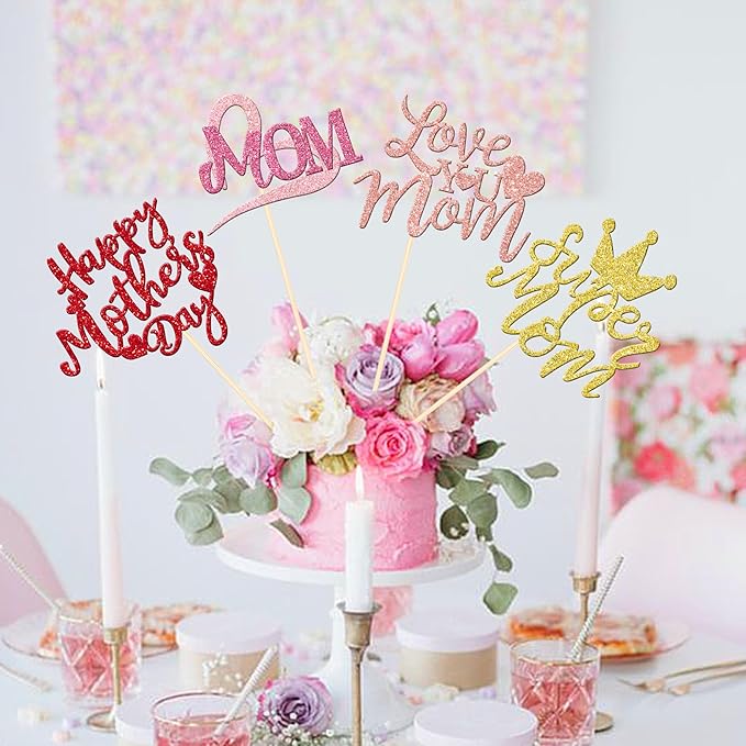 12 PCS Happy Mother's Day Centerpiece Sticks Double Sided Glitter Love Super Mom Best Mom Centerpieces for Happy Mother's Day Theme Table Flower Decorations Women Birthday Party Supplies Colorful