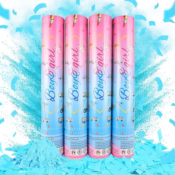 Gender Reveal Confetti Cannon,4 Blue Safty Corn Powder Smoke Party Poppers Shoots 20-25ft,12 inch Upgrade Firmware Gender Reveal Party Supplies Baby Shower