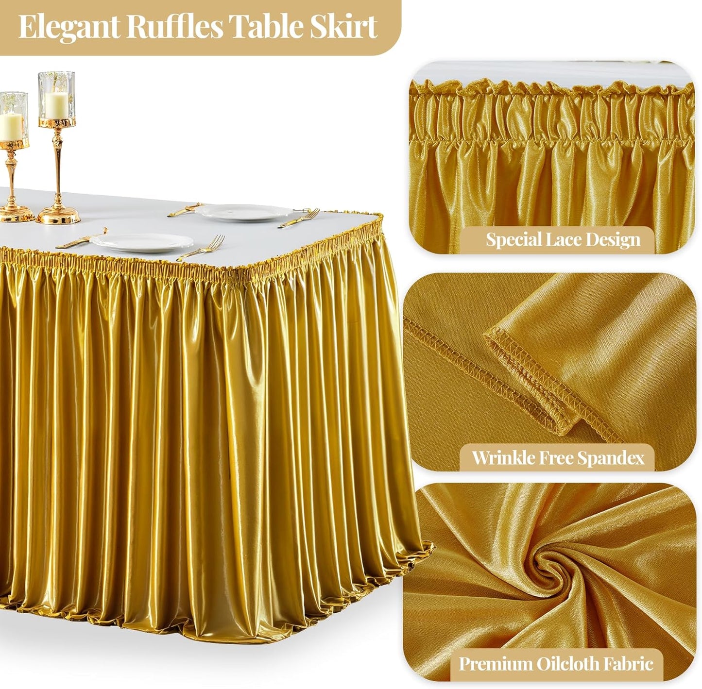 Wish Care 17ft Gold Satin Table Skirt for Rectangle Tables Wrinkle Free Glitter Desk Skirts Pleated Ruffle Table Cloth for Wedding Birthday Graduation Cocktail Party Buffet Display Table Decorations