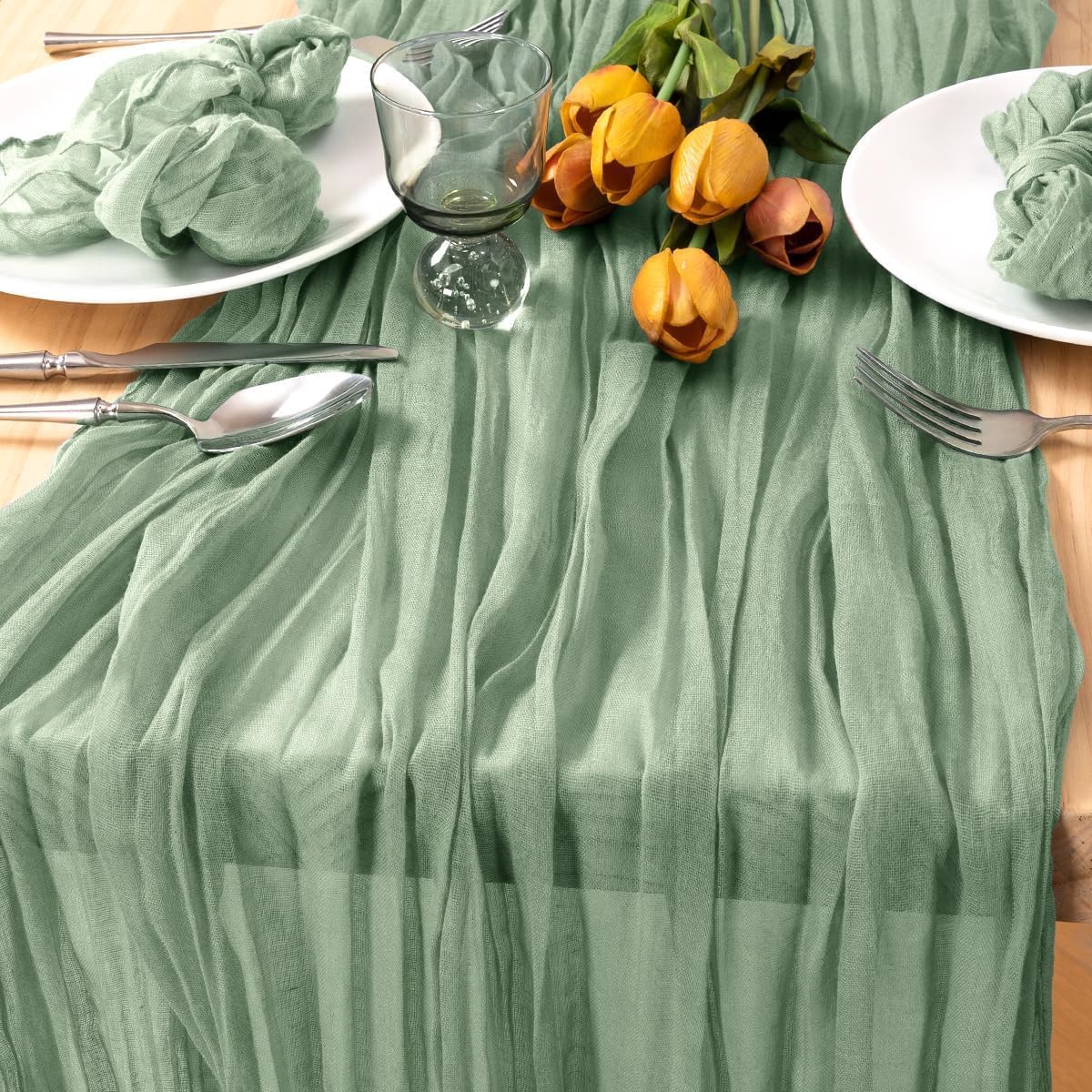 MLMC 3 Pack Sage Green Table Runner 10ft Rustic Boho Cheesecloth Table Runner Cheese Cloth Centerpiece Fall Decor 35x120 Inches for Wedding Bridal Baby Shower Decor