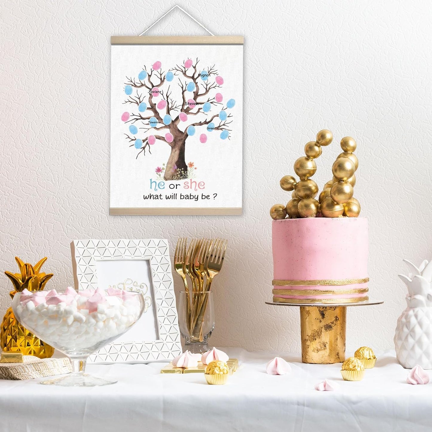 Baby Gender Reveal Decorations, Gender Reveal Fingerprint Leaves Tree, He or She Keepsake, Thumbprint Hanging Paintings(12x15in)
