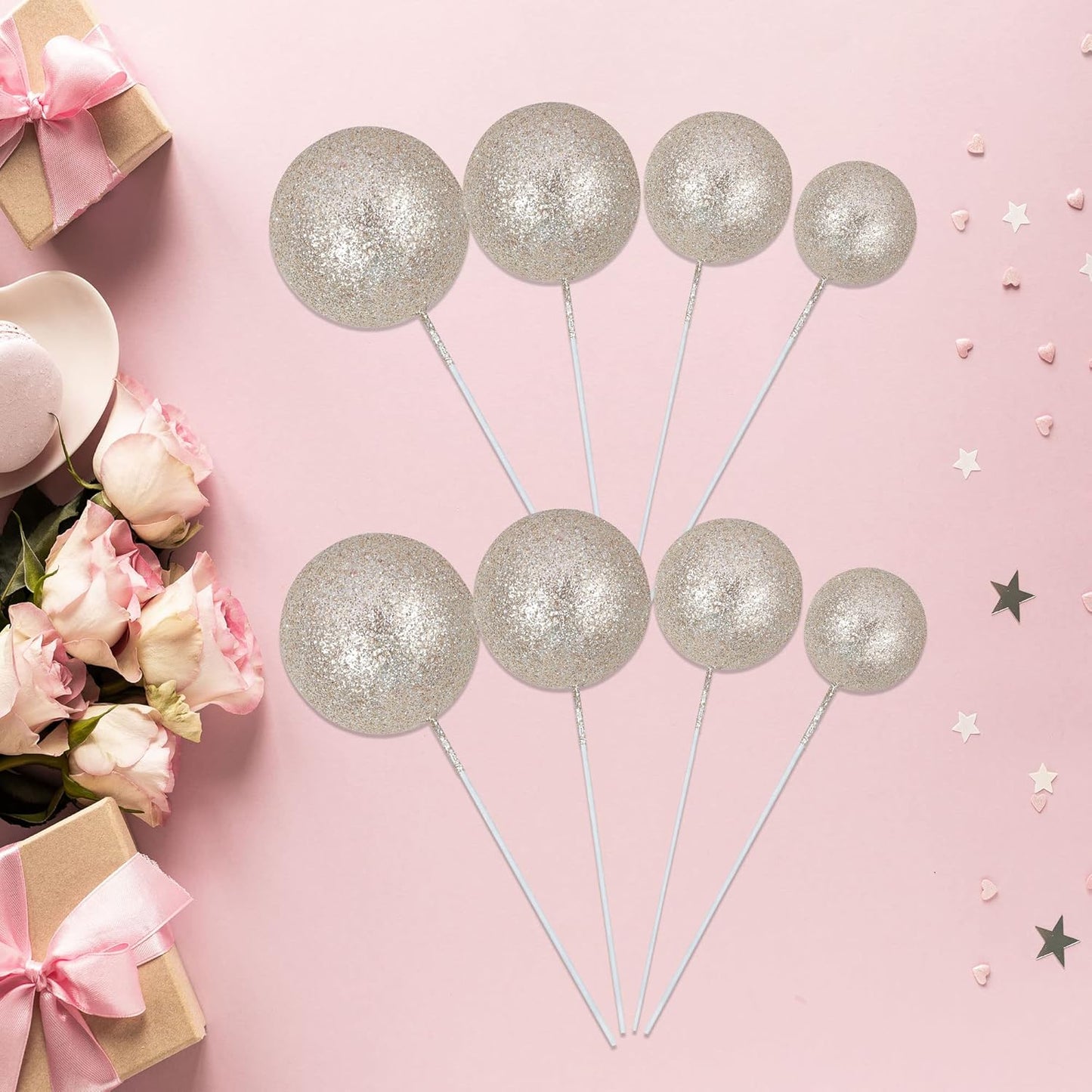 30Pcs Glitter Balls Cake Topper Mini Balloons Cake Toppers Foam Ball Cake Decorations Balloon Cake Topper Ball Shaped Cake Insert Topper Baby Shower Wedding Anniversary Party Supplies Champagne Gold