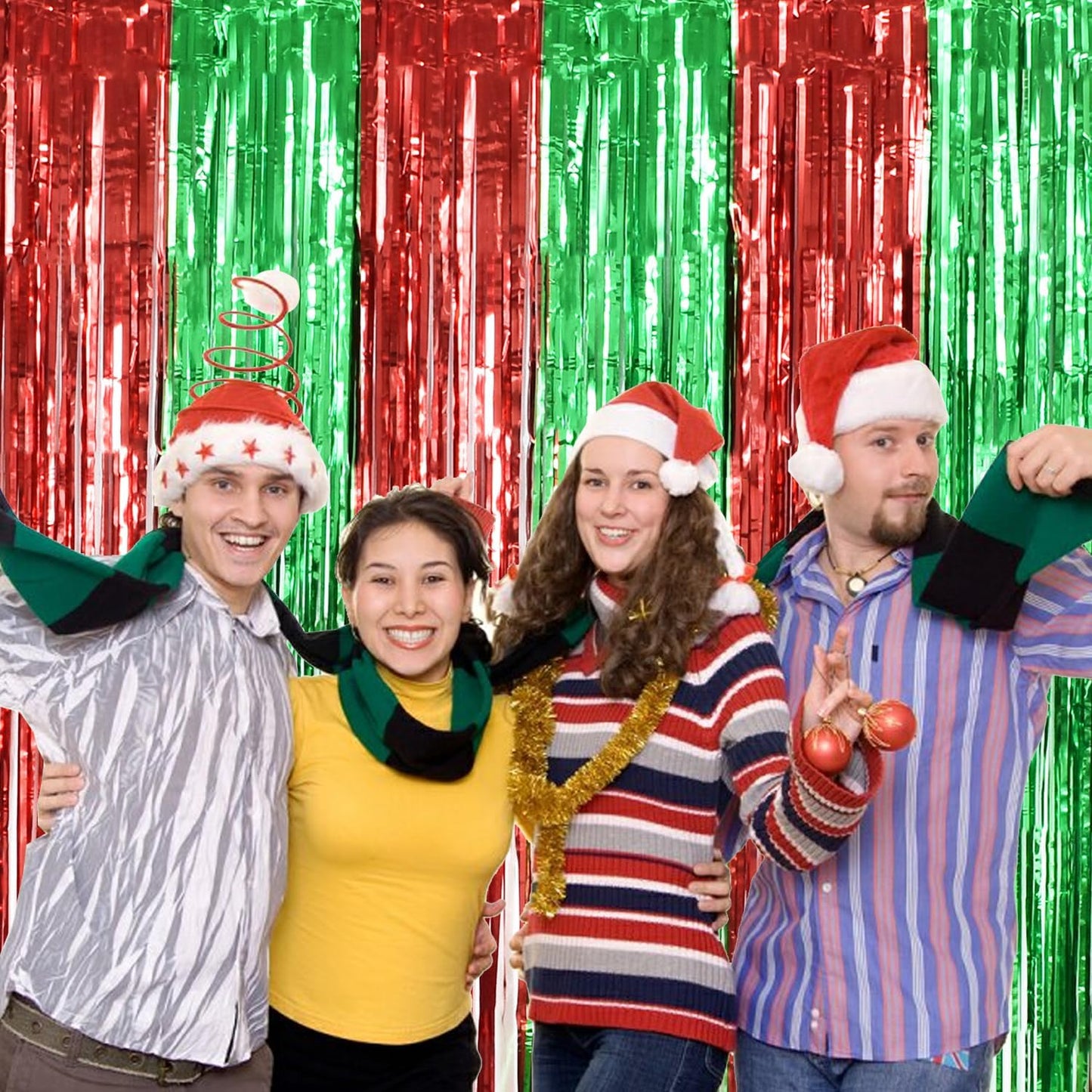TONIFUL 3Pcs Red Green Door Streamers,Red GreenPhoto Booth Backdrop Metallic Streamers Foil Fringe Curtains for Birthday,Christmas,New Year,Bachelorette,Grad Party Streamers Decor(9.9ft x 6.6ft)