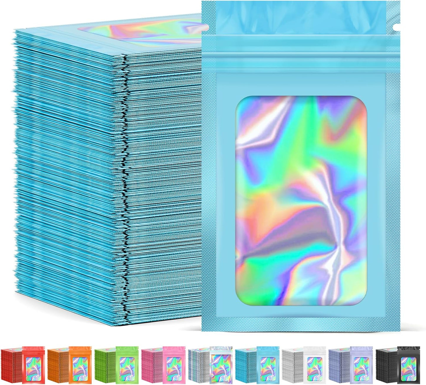 300 Pcs Mylar Bags, Smell Proof Bags Foil Pouch, Holographic Resealable Bags for Small Business, Candy Sample Jewelry Bag Sealable Packaging for Party Favor Food Storage ((2.8x3.9in-Blue)