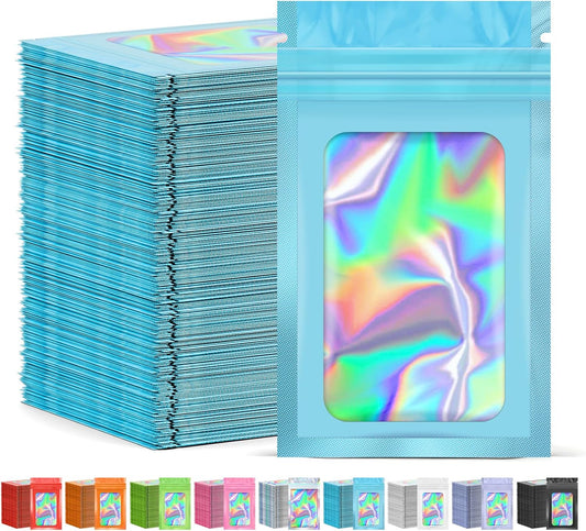 300 Pcs Mylar Bags, Smell Proof Bags Foil Pouch, Holographic Resealable Bags for Small Business, Candy Sample Jewelry Bag Sealable Packaging for Party Favor Food Storage ((2.8x3.9in-Blue)