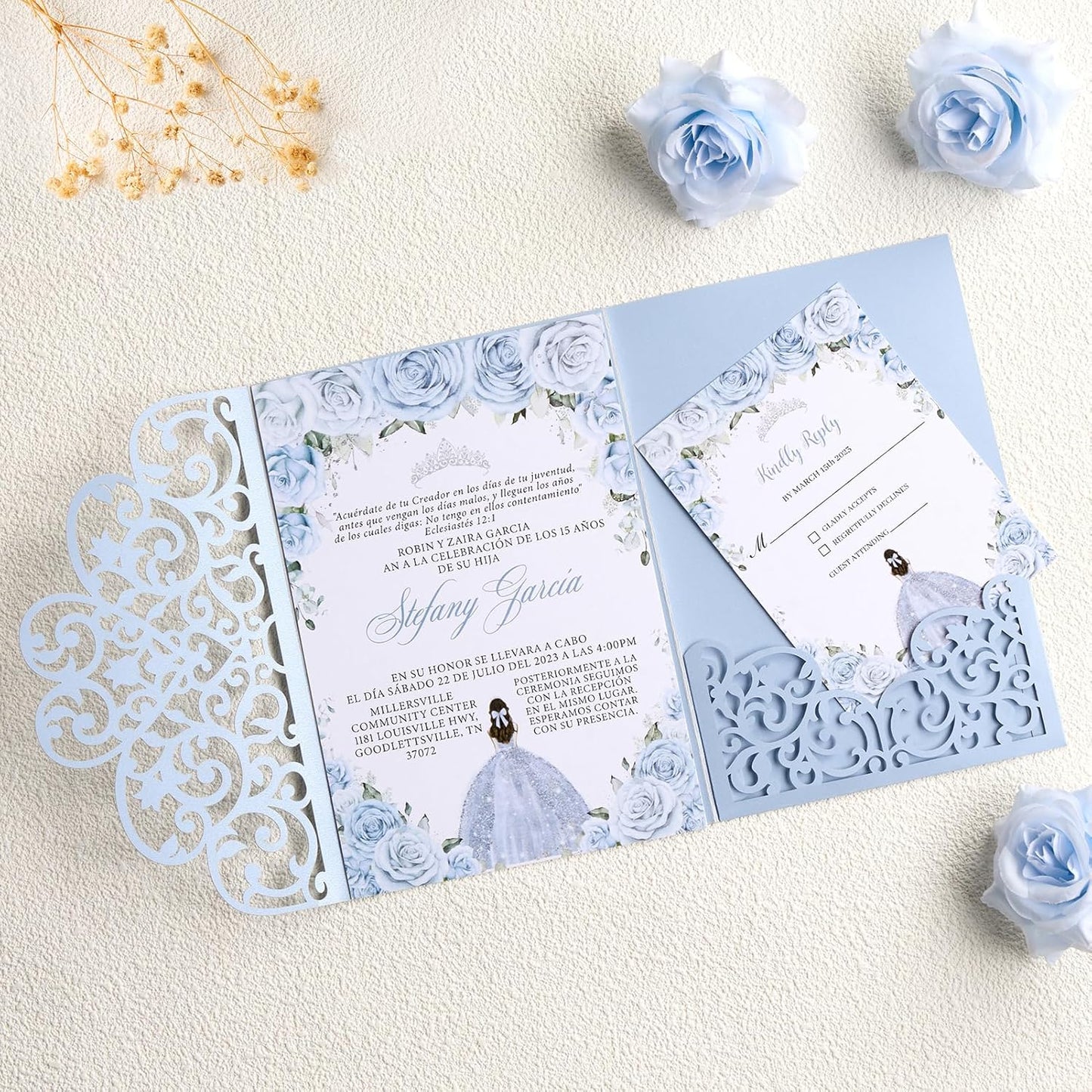 Laser Cut Wedding Invitations Haze Blue Tri-Fold Personalized Birthday Invitations 50Pcs with Envelops and RSVP Cards for Wedding Bridal Shower Quinceanera Engagement Party Invite