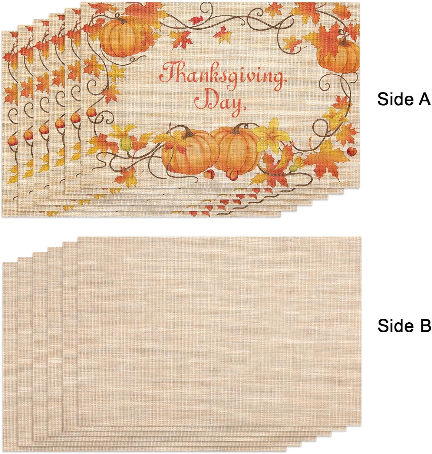 Thanksgiving Placemats Set of 6 Fall Place Mats Pumpkin Maple Leaves Table Mats Washable Non-Slip Heatproof Woven Placemats for Dining Table (17.7" X 11.8")
