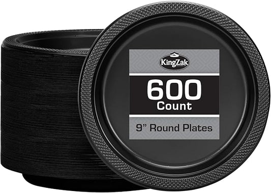Hanna K. Signature Black Plastic Plates 9 Inch - 600 count - Plastic Solid Round Party Plates For Weddings, BBQs, Birthday Plates - Disposable Black Plates - Plastic Dessert Plates