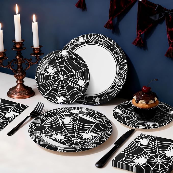 75pcs Spider Party Supplies, Disposable Paper Plates & Napkins, Tableware Decorations Favors, Including 9" & 7" Plates & Napkins for Halloween, Birthday, Parties, and Everyday Use