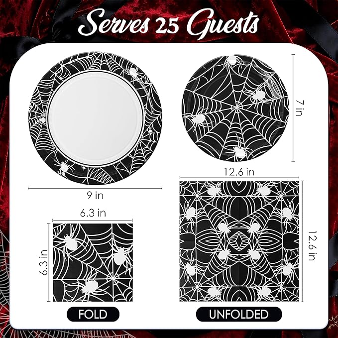 75pcs Spider Party Supplies, Disposable Paper Plates & Napkins, Tableware Decorations Favors, Including 9" & 7" Plates & Napkins for Halloween, Birthday, Parties, and Everyday Use