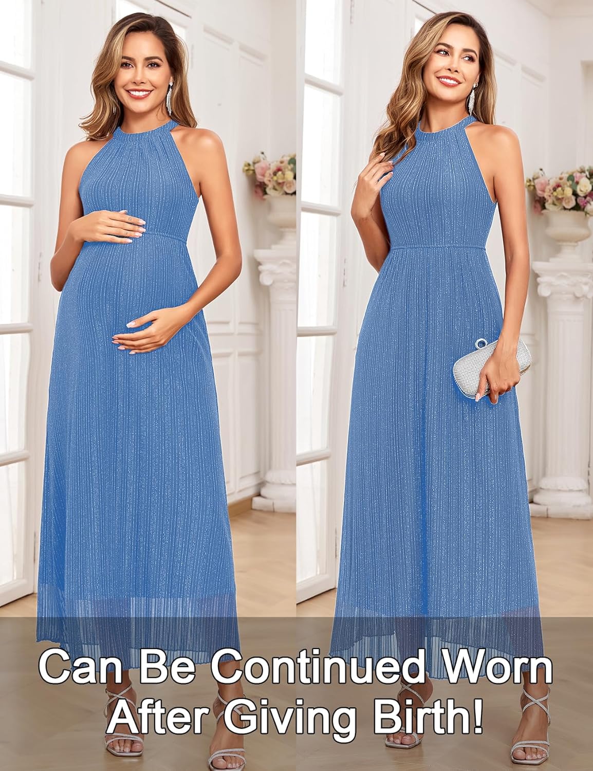 Maternity Sparkly Mesh Dress Halter Neck Sleeveless A Line Pregnancy Dresses Semi Formal Baby Shower Photoshoot