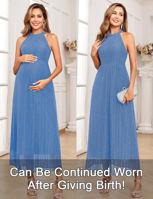 Maternity Sparkly Mesh Dress Halter Neck Sleeveless A Line Pregnancy Dresses Semi Formal Baby Shower Photoshoot