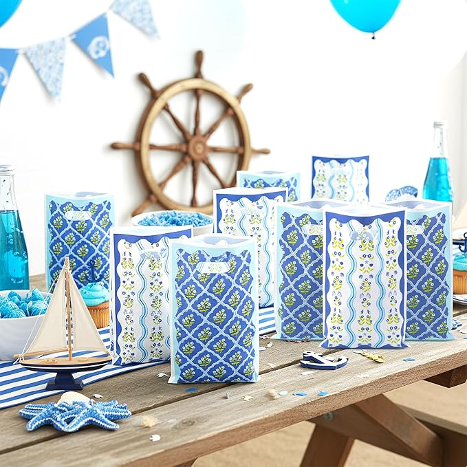 50Pcs Coastal Wavy Flower Party Favor Bag - Blue Floral Plastic Waterproof Goodie Bag Spring Vintage Rectangular Gift Pack for Kids Birthday Bachelorette Baby Shower Decor Garden Party Supplies