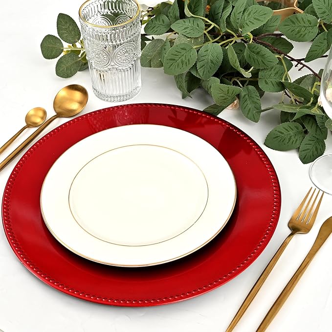50 Pcs Red Charger Plates Bulk, 13" Round Beaded Plate Chargers, Decorative Plastic Table Chargers for Wedding Holiday Party Baby Shower Event Decoration (Red)
