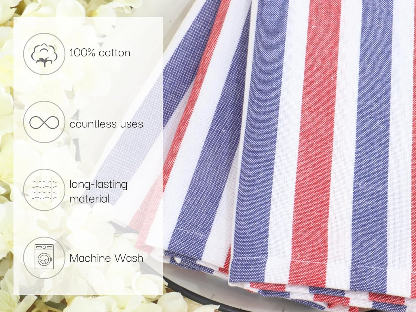 PurpleEssences 4th of July Plain Striped Cloth Napkins - Set of 12-100% Cotton - 18 x 18 Inch - Perfect Everyday Use Dinner Napkin - Labor Day- Red Blue White