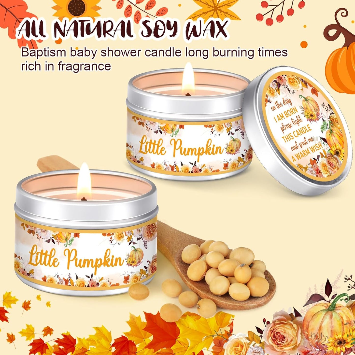 MTLEE 24 Pcs Fall Pumpkin Baby Shower Party Favors Candles Lavender Scented Baby Shower Favors for Guests Rustic Tealights Candles Gender Reveal Return Gifts Girl Boy(1.2 Oz, Yellow)