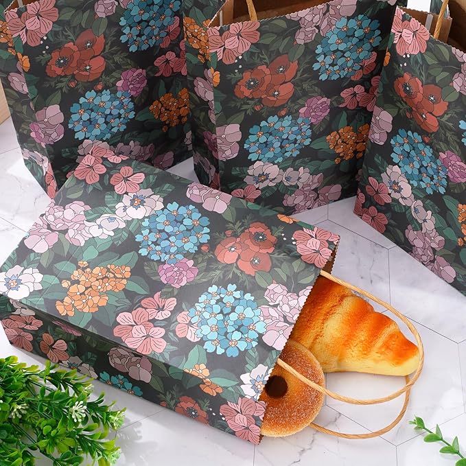 JarThenaAMCS Floral Kraft Paper Gift Bags Vintage Botanic Candy Goodie Treat Bags with Handles Reusable Grocery Bag for Spring Summer Mother's Day Birthday Wedding Party Favors Supplies