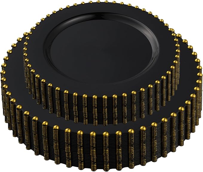 PLASTICPRO 64 Piece Combo Plastic Dinner Plates Disposable Plastic Fancy Heavy Duty Party Dishes 7 inch and 10 inch, Black and Gold Beaded