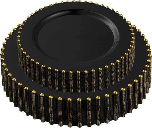 PLASTICPRO 64 Piece Combo Plastic Dinner Plates Disposable Plastic Fancy Heavy Duty Party Dishes 7 inch and 10 inch, Black and Gold Beaded