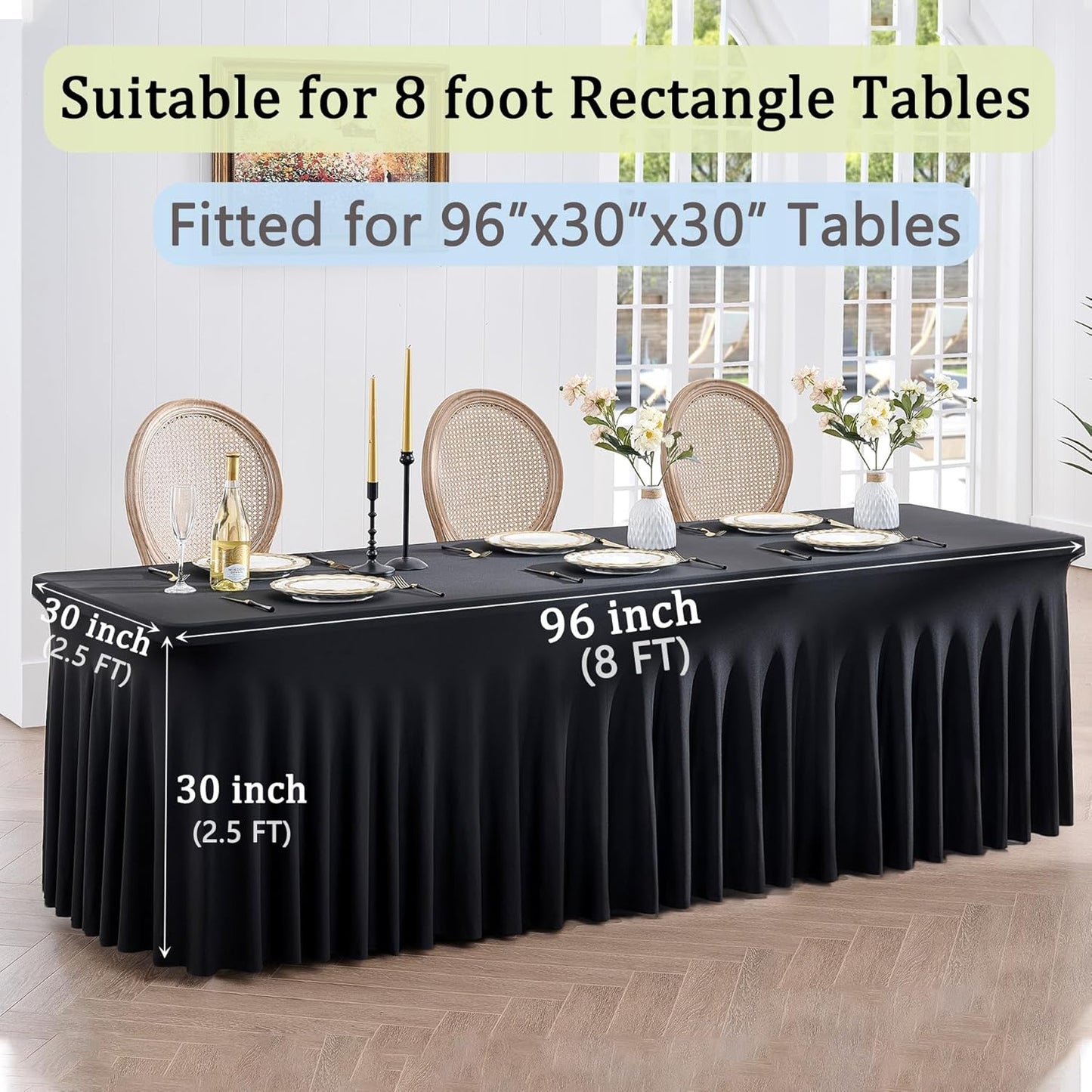 Black Spandex Table Clothes for 8 Foot Rectangle Tables, Wrinkle Free Fitted Table Covers 8ft Stretchy Tablecloths Desk Skirt for Parties Weddings Birthday Banquet Baby Shower