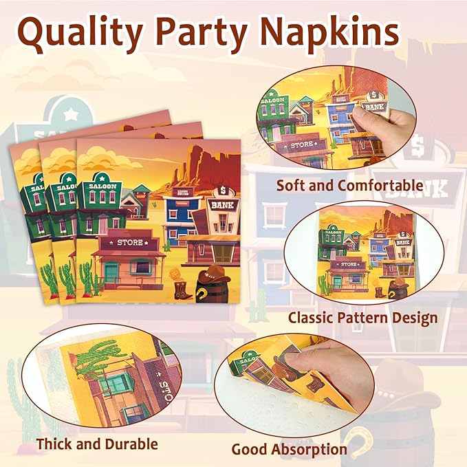96 PCS Western Party Paper Plates and Napkins Rodeo Party Supplies Western Cowboy Disposable Tableware Set Wild West Desert Town Plate for Baby Shower Birthday Gatherings Decorations