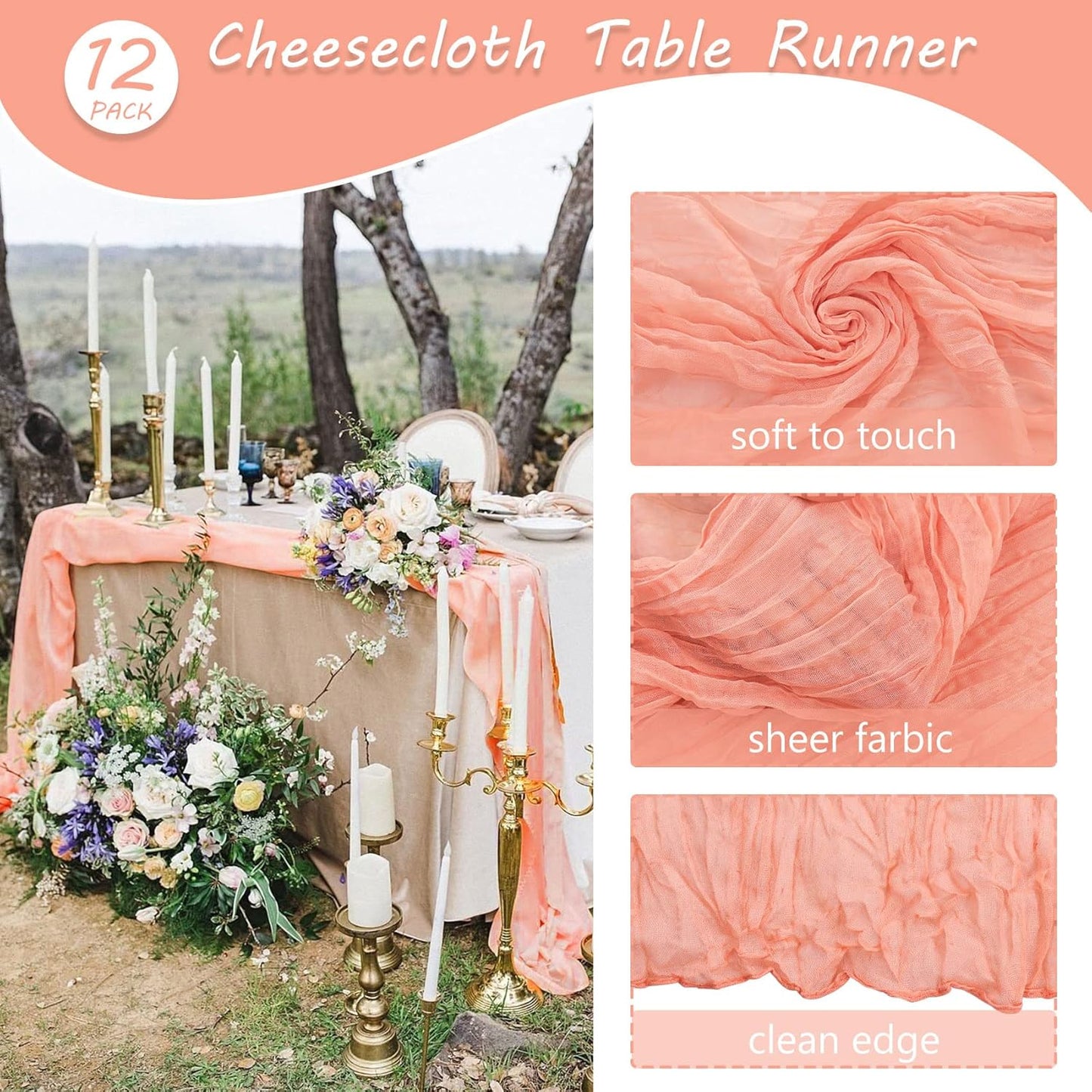 12 Pack 10Ft Cheesecloth Boho Gauze Table Runner - 35x120 Inch Rustic Cheese Cloth Long Table Runner for Wedding, Bridal Shower, Birthday Party Decor (Peach Coral)