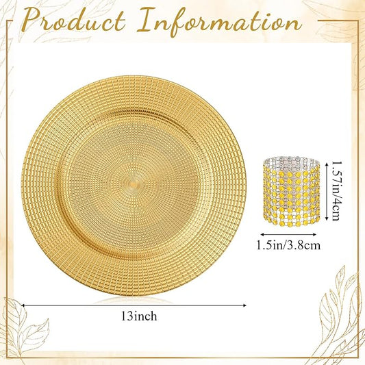 Tanlade 50 Set Bright Gold Charger Plates Bulk with Napkin Rings Plastic 13" Plate Charger Fluted Edge Wedding Decoration for Table Wedding Party Event(Chain)