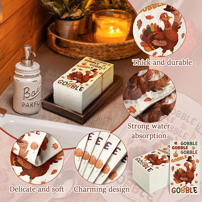 Karenhi 200 Pcs Gobble Thanksgiving Guest Napkins Gobble Disposable Hand Towel for Bathroom 2 Ply Turkey Rustic Farmhouse Napkin Decorative Napkin Bathroom Paper Hand Towels for Autumn Harvest