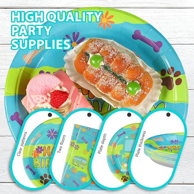 Grencian 96Pcs Mysterious Car Birthday Party Supplies Blue Green Dog Plates and Napkins Carton Dog Paw Tableware Set for Kids Birthday Baby Shower Party Supplies