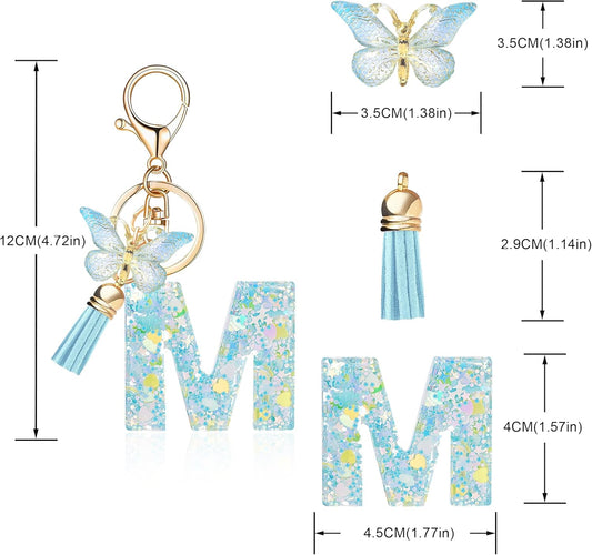 Fashion Alphabet Initial Letter Keychain Tassel Butterfly Pendant Key Ring for Purse Handbags Women Girl