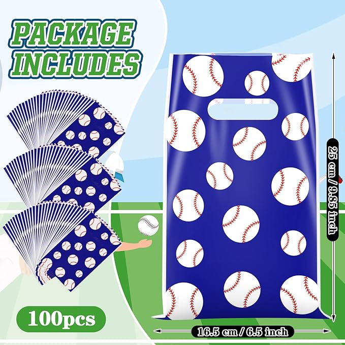 Frienda 100 Pcs Baseball Treat Bags with Handles, Blue White Plastic Baseball Party Favors Bag Baseballs Snacks Bags for Candy Small Gifts, Team Events Birthday and Sports Celebrations Decorations