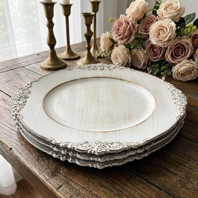 Antique White Charger Plates, 13 Inch Embossed Chargers for Dinner Plates. Set of 6 Plastic Charger for Wedding, Party,Elegant Tableware Chargers Decoration.