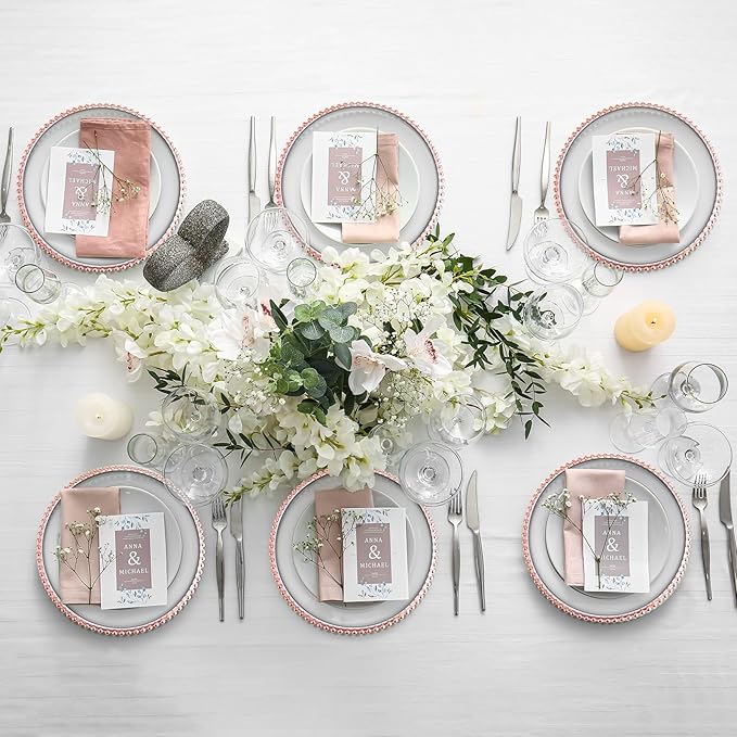 Hoolerry 100 Pcs Charger Clear Plates Bulk 13 Inch Plastic Round Dinner Plate with Beaded Rim Acrylic Round Plate Decorative Charger Service for Home Wedding Xmas Party Events Table Decor (Rose Gold)