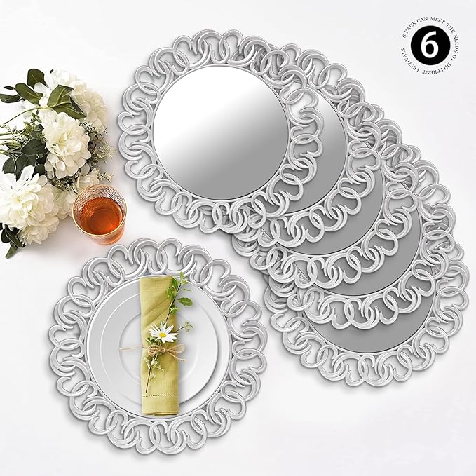 MAONAME 13" Silver Charger Plates Set of 6, Mirror Charger for Dinner Plates, Plastic Plate Chargers with Entwined Swirl Rim, Round Chargers for Table Setting, Wedding
