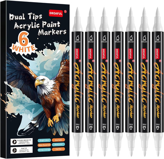 White Acrylic Paint Pens Markers, 6 Pc Dual Tips Waterproof Paint Markers For Rock Painting, Fabric, Metal, Glass, Wood, Canvas, Ceramic, Pumpkins, Eggs, Plastic, Non-Toxic & Odor