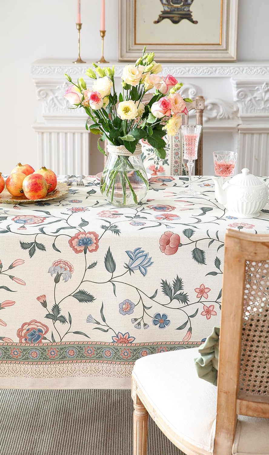 ISAENNE Designer Chinoiserie Linen Floral Small Rectangular Tablecloth,White Wrinkle Resistant Table Cloth,Elegant Decor Tablecloths for Dining Thanksgiving Kitchen Party,55"*71"-Daffy