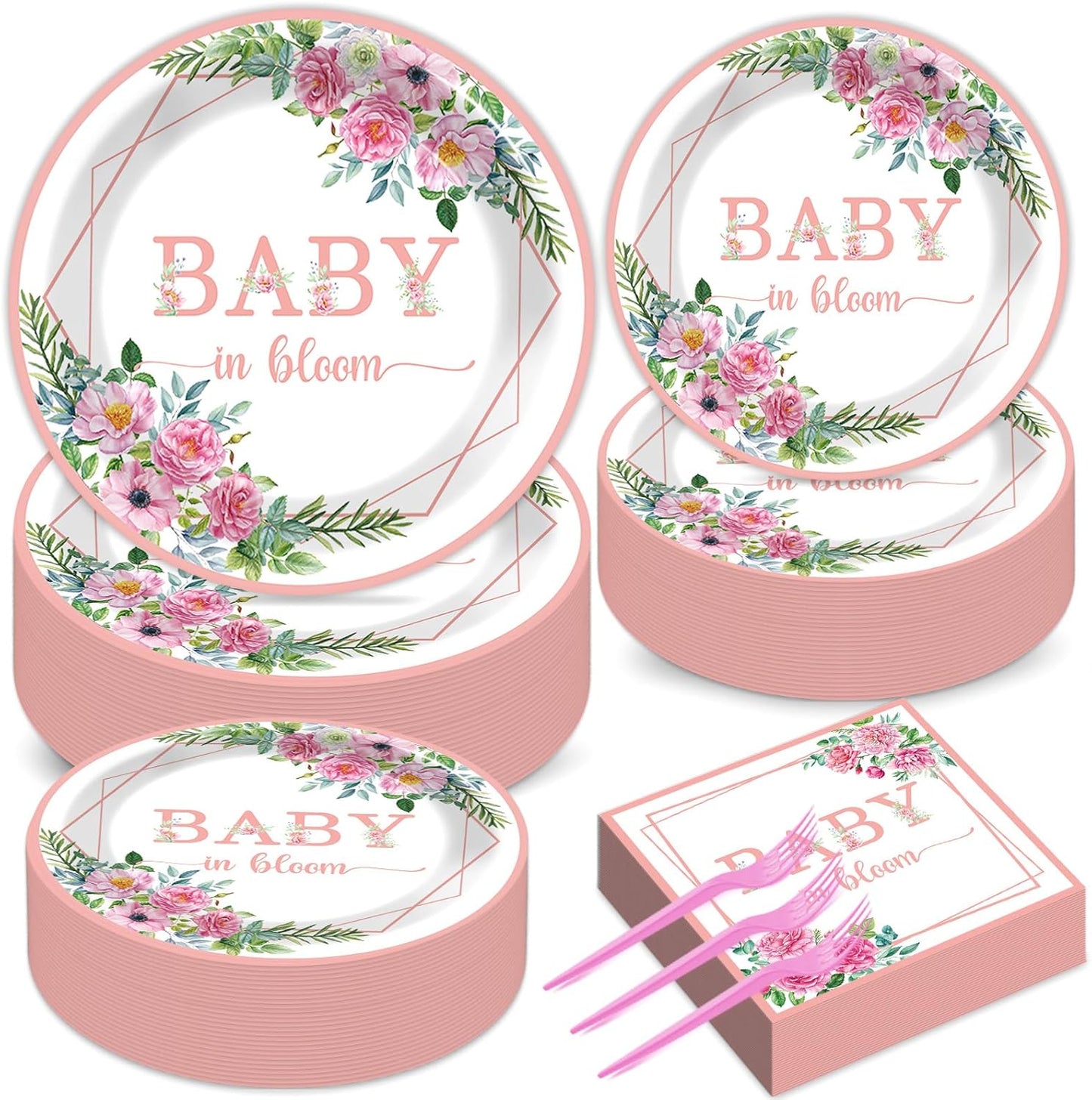 gisgfim 50 Guests Baby in Bloom Party Supplies Baby In Bloom Floral Plates and Napkins Plastic Forks Girl Floral Tableware Pink Flower Paper Plates for Birthday Party 200PCS