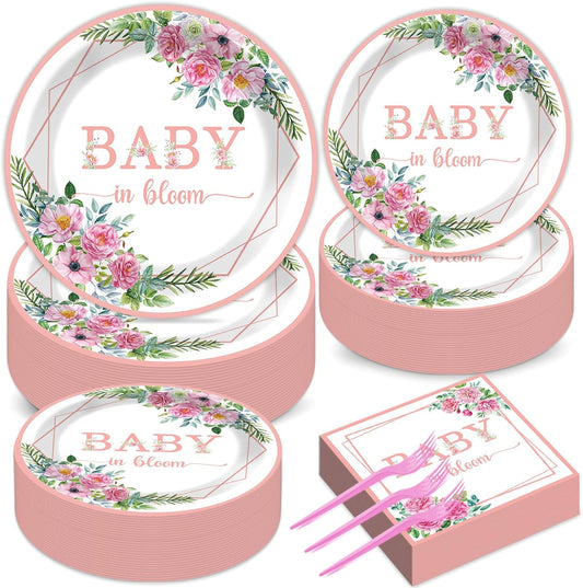 gisgfim 50 Guests Baby in Bloom Party Supplies Baby In Bloom Floral Plates and Napkins Plastic Forks Girl Floral Tableware Pink Flower Paper Plates for Birthday Party 200PCS