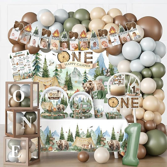 230PCS Camper 1st Birthday Decorations, All-in-1 Supplies Pack, Includes 20 Camper Theme Tableware, Backdrop, High Chair Banner, Tablecloth Balloon Kit for 1st Birthday Party Themes