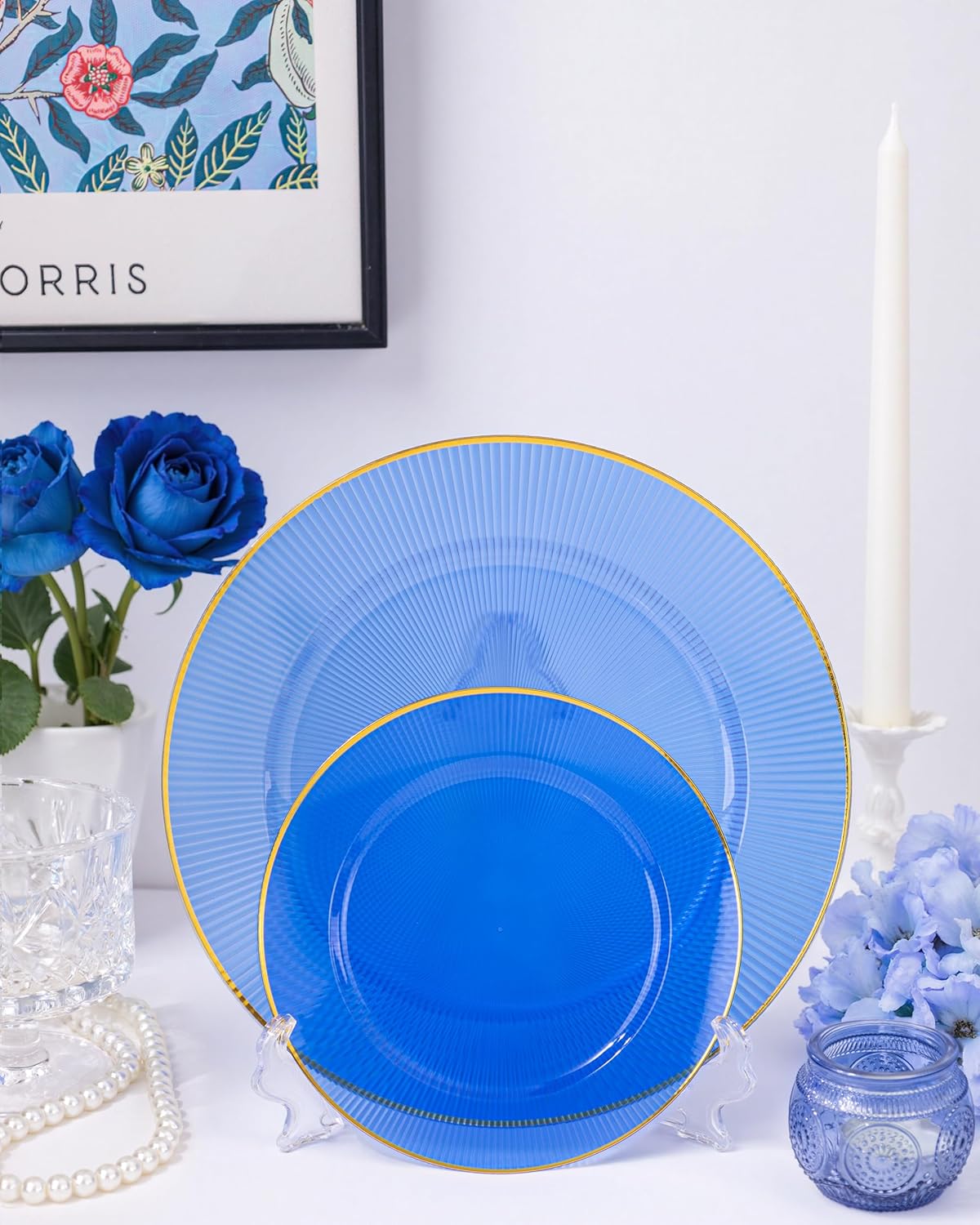 Hioasis 60pcs Blue Plastic Plates - Blue Gold Disposable Dinnerware Set, 30pcs Dinner 10.25in & 30pcs Dessert 7.5in Plates with Striped Designs for Party & Wedding