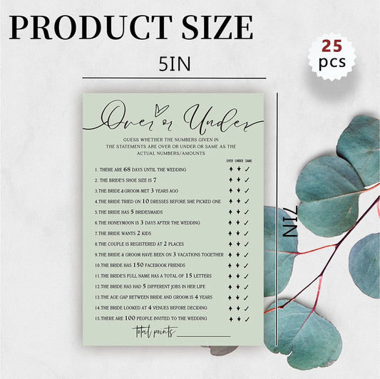 Bridal Shower Games, Over or Under, 25Pcs Minimalist Sage Green Bridal Game Cards, Wedding Shower Games for Guests, Engagement Bachelorette Party Supplies