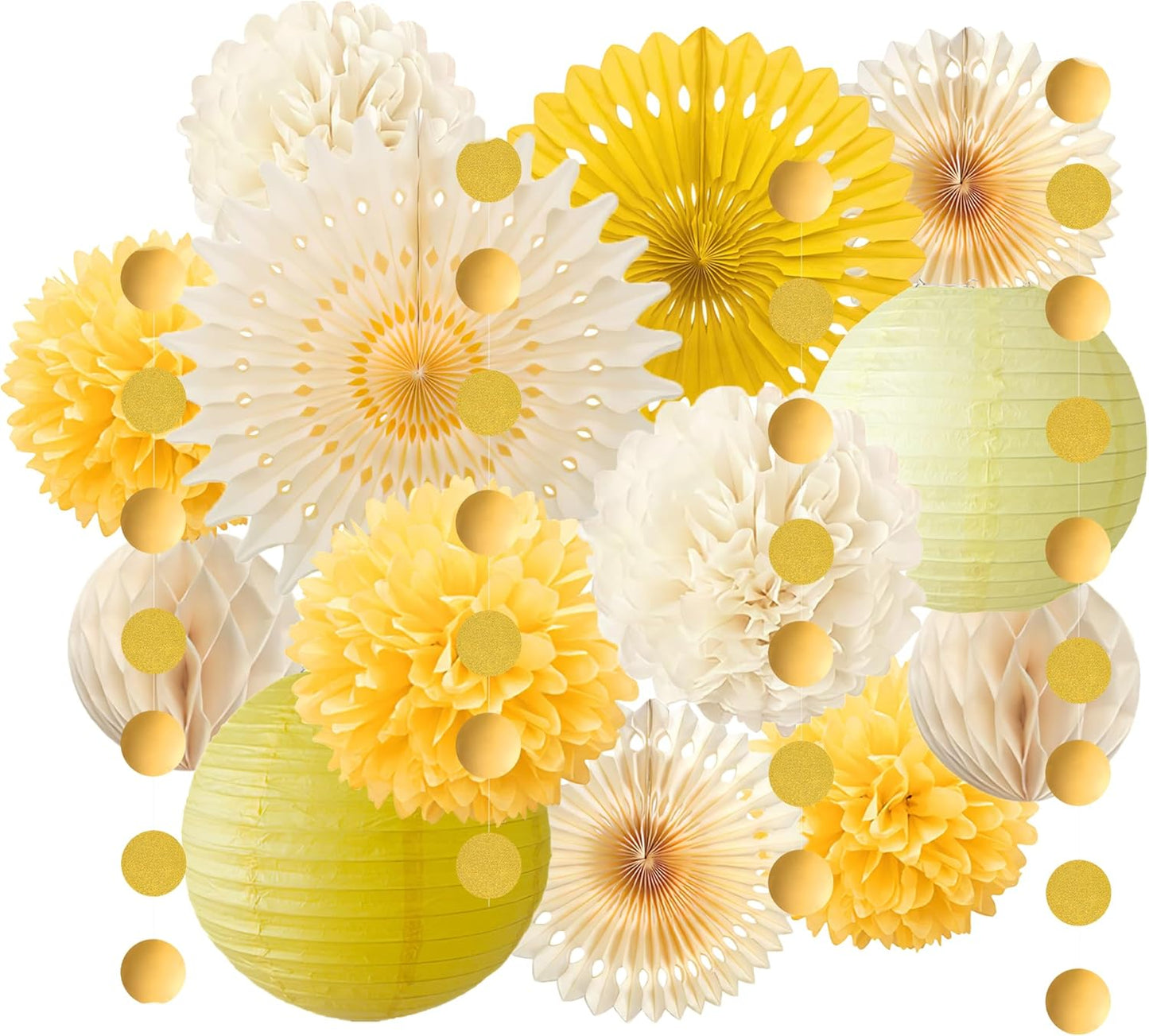 Yellow Party Decorations Yellow and Cream Paper Fans Paper Lanterns Pom Poms Flowers for Baby Shower Birthday Wedding Engagement Party