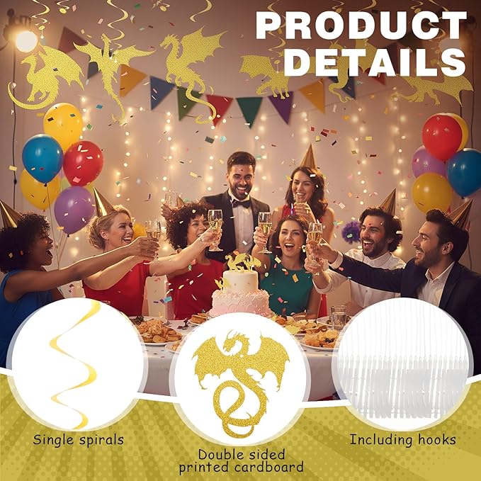 Sumind 30 Pcs Dragon Party Decoration Swirl Foil Hanging Ceiling Decoration for Dragon Themed Birthday Medieval Themed Party, 10 Designs (Gold)