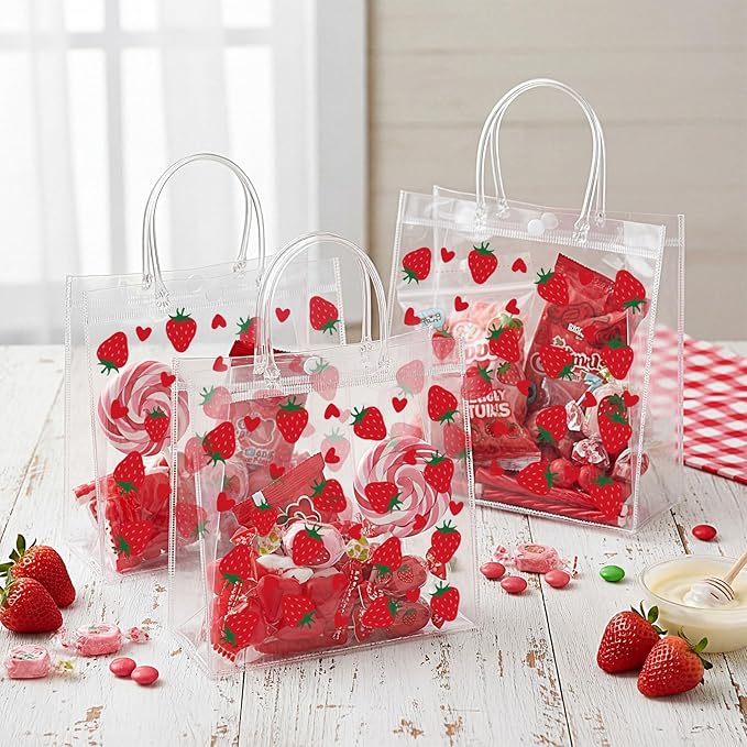 Kacctyen 24 Pcs Gift Bags for Party Favor Clear Goodie Bags with Handle 7.87 x 7.87 x 3.15 Return Gift Wrap Totes for Guests Treat Candy Wrapping(Strawberry)