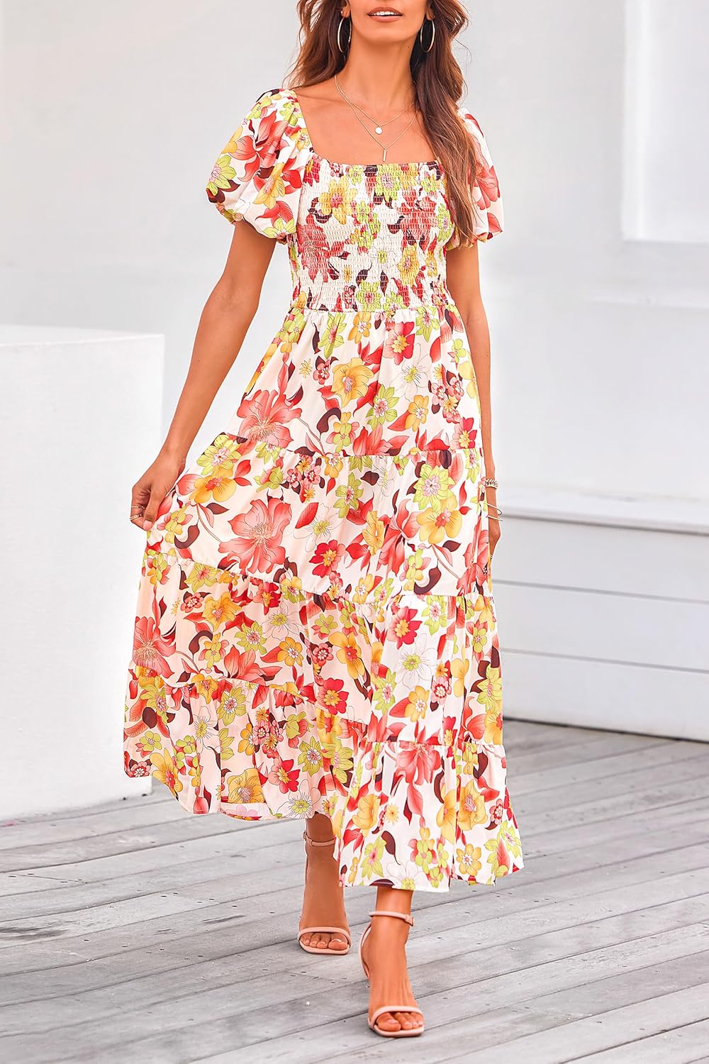 PRETTYGARDEN Women's Casual Summer Midi Dress Puffy Short Sleeve Square Neck Smocked Tiered Ruffle Dresses