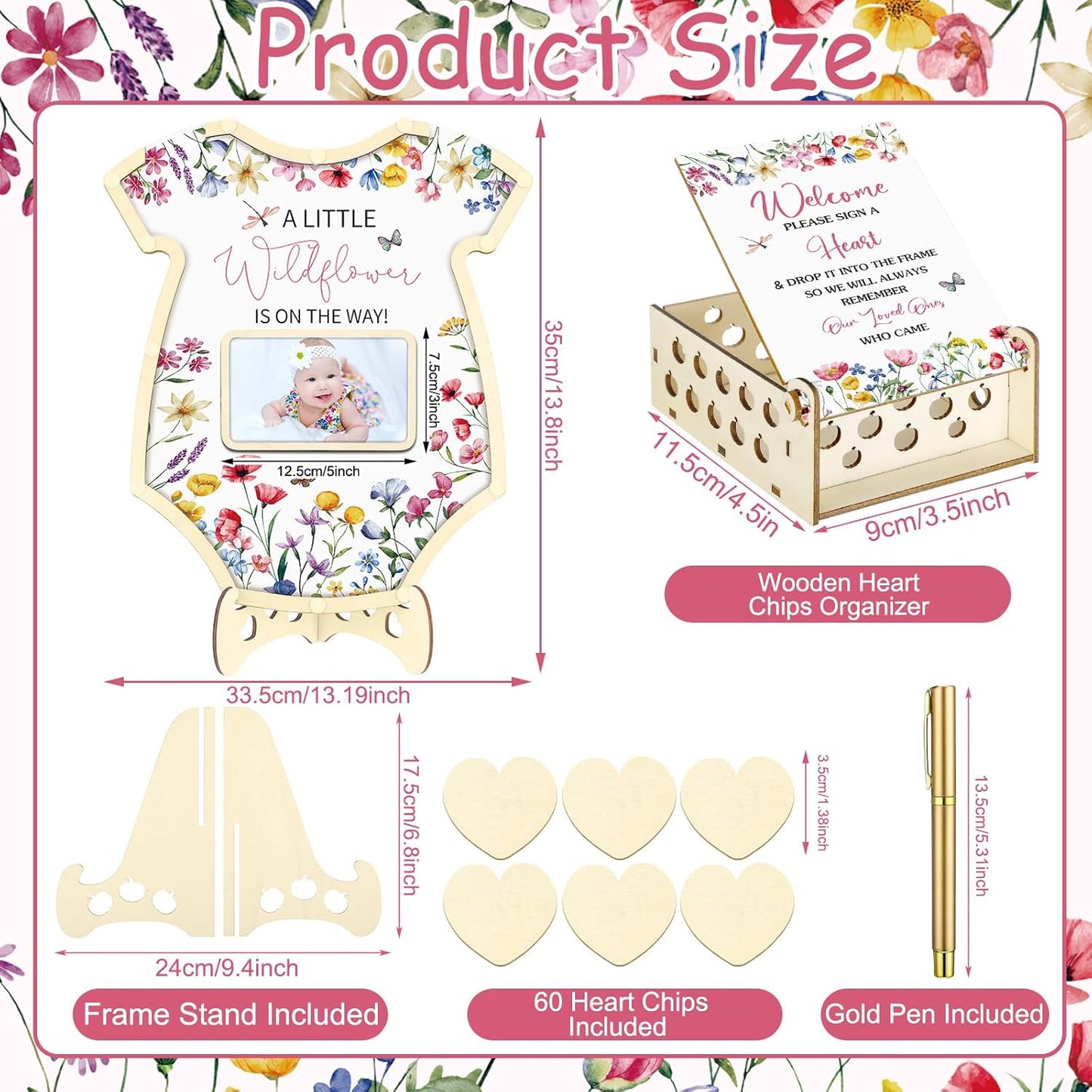 Wenqik 63 Pcs Wildflower Baby Shower Guest Book Alternatives Set Baby Shower Decorations with Photo Frame Sonogram Frame Keepsake 60 Wood Slices Guest Book for Birthday
