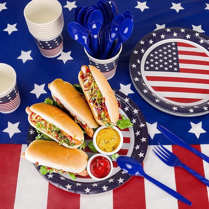 Childom Patriotic Party Supplies,152Pcs American Flag Themed Party Set,Patriotic Party Decorations,American Flag Tablecloth,4th of July Plates Cups,Red White and Blue Decor for Outside,Picnic,Memorial