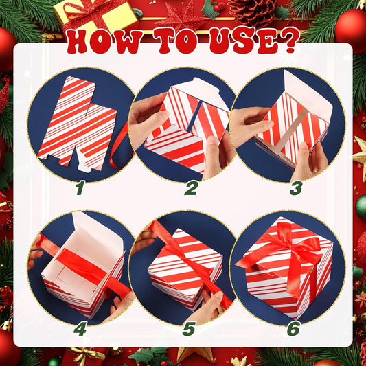 Dispowreath 48 Pcs 4x4x4 Christmas Gift Boxes with Ribbon Xmas Small Box with Lids Treat Boxes for Gift Wrapping Ornaments Wedding Holiday Birthday Party Favor(Red White Stripe)